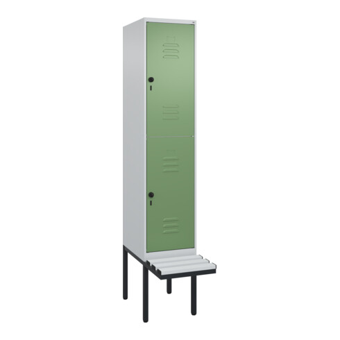 C+P Doppelstock-Spind Classic PLUS, Bank, 1 Abteil, 2120x400x815mm, 7035/6011 Verschluss Sicherheits-Drehriegel Sitzbanktyp auskragend Material Sitzfläche Kunststoff