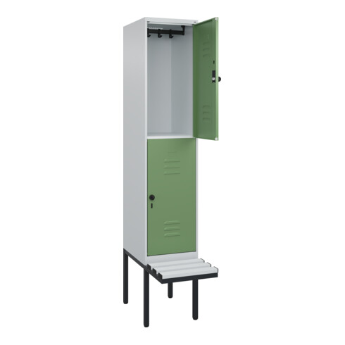 C+P Doppelstock-Spind Classic PLUS, Bank, 1 Abteil, 2120x400x815mm, 7035/6011 Verschluss Sicherheits-Drehriegel Sitzbanktyp auskragend Material Sitzfläche Kunststoff