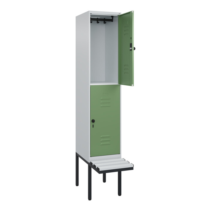 C+P Doppelstock-Spind Classic PLUS, Bank, 1 Abteil, 2120x400x815mm, 7035/6011 Verschluss Sicherheits-Drehriegel Sitzbanktyp auskragend Material Sitzfläche Kunststoff