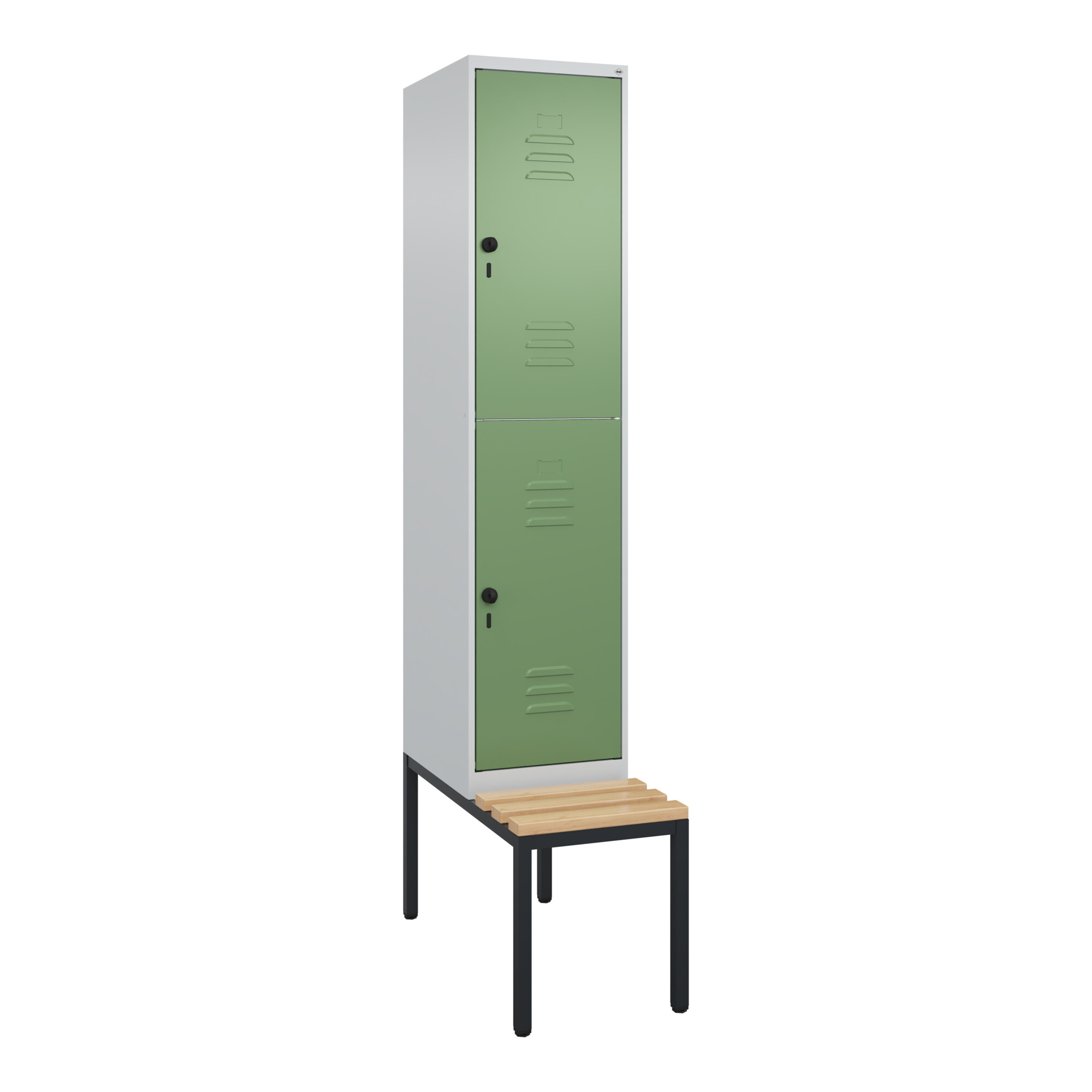 C+P Doppelstock-Spind Classic PLUS, Bank, 1 Abteil, 2120x400x815mm, 7035/6011 Verschluss Sicherheits-Drehriegel Sitzbanktyp untergebaut Material Sitzf