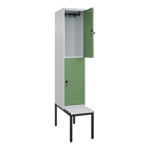 C+P Doppelstock-Spind Classic PLUS, Bank, 1 Abteil, 2120x400x815mm, 7035/6011 Verschluss Sicherheits-Drehriegel Sitzbanktyp untergebaut Material Sitzfläche Kunststoff