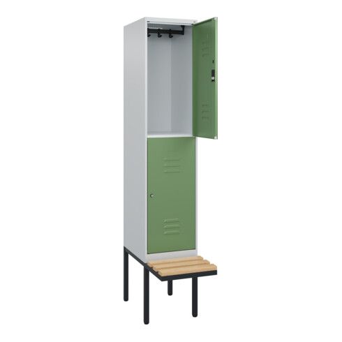 C+P Doppelstock-Spind Classic PLUS, Bank, 1 Abteil, 2120x400x815mm, 7035/6011 Verschluss Zylinderschloss Sitzbanktyp auskragend Material Sitzfläche Buche-Hartholz