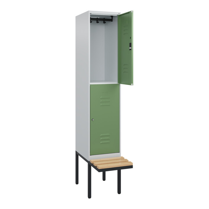 C+P Doppelstock-Spind Classic PLUS, Bank, 1 Abteil, 2120x400x815mm, 7035/6011 Verschluss Zylinderschloss Sitzbanktyp auskragend Material Sitzfläche Buche-Hartholz