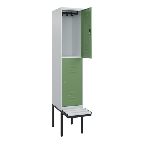 C+P Doppelstock-Spind Classic PLUS, Bank, 1 Abteil, 2120x400x815mm, 7035/6011 Verschluss Zylinderschloss Sitzbanktyp auskragend Material Sitzfläche Kunststoff