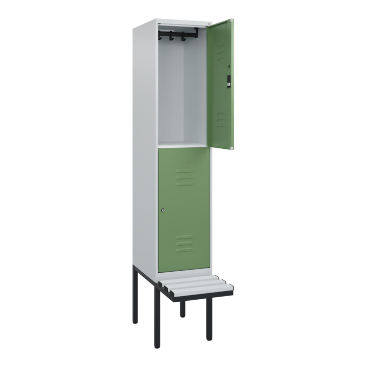 C+P Doppelstock-Spind Classic PLUS, Bank, 1 Abteil, 2120x400x815mm, 7035/6011 Verschluss Zylinderschloss Sitzbanktyp auskragend Material Sitzfläche Kunststoff