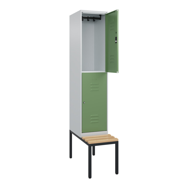 C+P Doppelstock-Spind Classic PLUS, Bank, 1 Abteil, 2120x400x815mm, 7035/6011 Verschluss Zylinderschloss Sitzbanktyp untergebaut Material Sitzfläche Buche-Hartholz