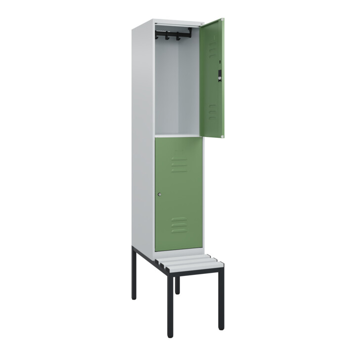 C+P Doppelstock-Spind Classic PLUS, Bank, 1 Abteil, 2120x400x815mm, 7035/6011 Verschluss Zylinderschloss Sitzbanktyp untergebaut Material Sitzfläche Kunststoff