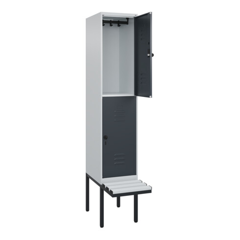C+P Doppelstock-Spind Classic PLUS, Bank, 1 Abteil, 2120x400x815mm, 7035/7016 Verschluss Sicherheits-Drehriegel Sitzbanktyp auskragend Material Sitzfläche Kunststoff
