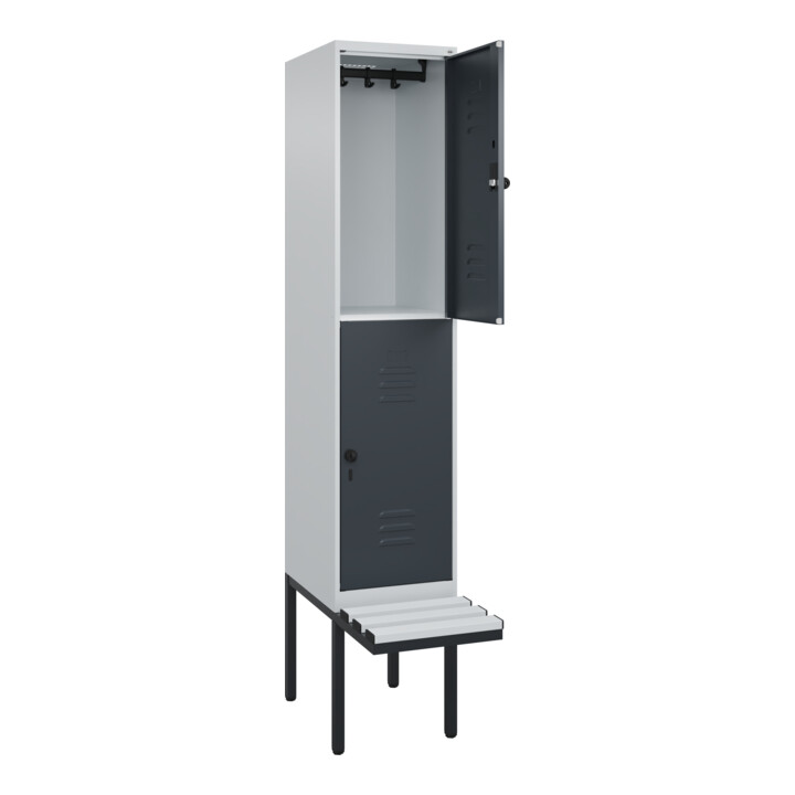 C+P Doppelstock-Spind Classic PLUS, Bank, 1 Abteil, 2120x400x815mm, 7035/7016 Verschluss Sicherheits-Drehriegel Sitzbanktyp auskragend Material Sitzfläche Kunststoff