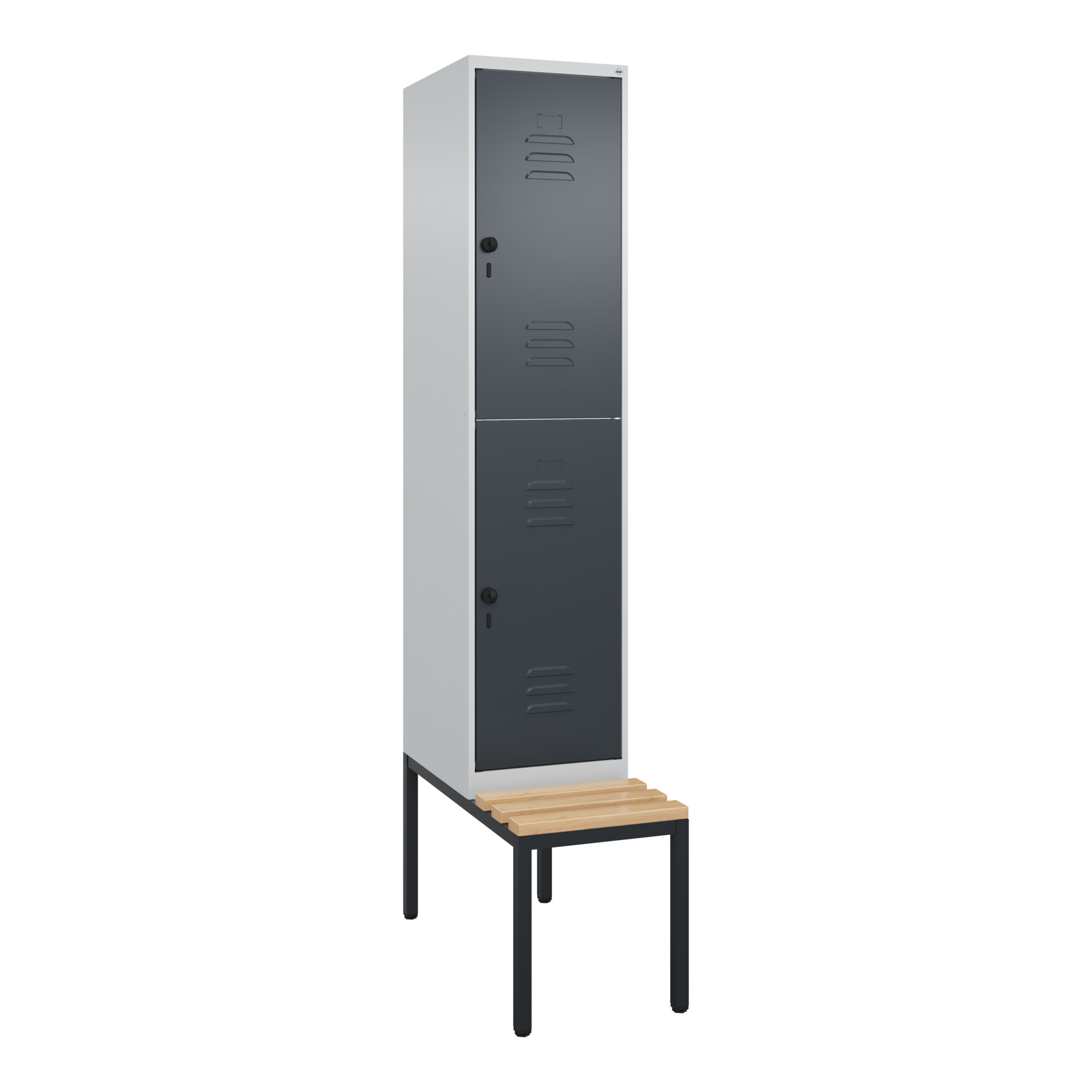 C+P Doppelstock-Spind Classic PLUS, Bank, 1 Abteil, 2120x400x815mm, 7035/7016 Verschluss Sicherheits-Drehriegel Sitzbanktyp untergebaut Material Sitzf