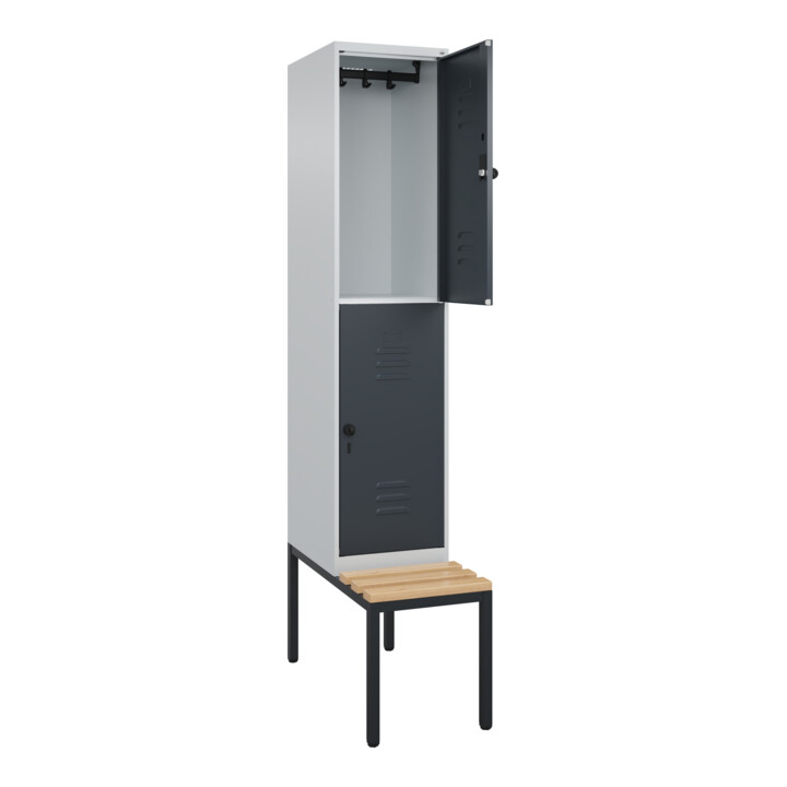 C+P Doppelstock-Spind Classic PLUS, Bank, 1 Abteil, 2120x400x815mm, 7035/7016 Verschluss Sicherheits-Drehriegel Sitzbanktyp untergebaut Material Sitzfläche Buche-Hartholz