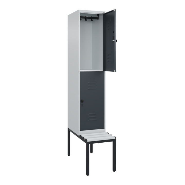 C+P Doppelstock-Spind Classic PLUS, Bank, 1 Abteil, 2120x400x815mm, 7035/7016 Verschluss Sicherheits-Drehriegel Sitzbanktyp untergebaut Material Sitzfläche Kunststoff