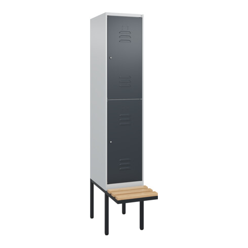C+P Doppelstock-Spind Classic PLUS, Bank, 1 Abteil, 2120x400x815mm, 7035/7016 Verschluss Zylinderschloss Sitzbanktyp auskragend Material Sitzfläche Buche-Hartholz