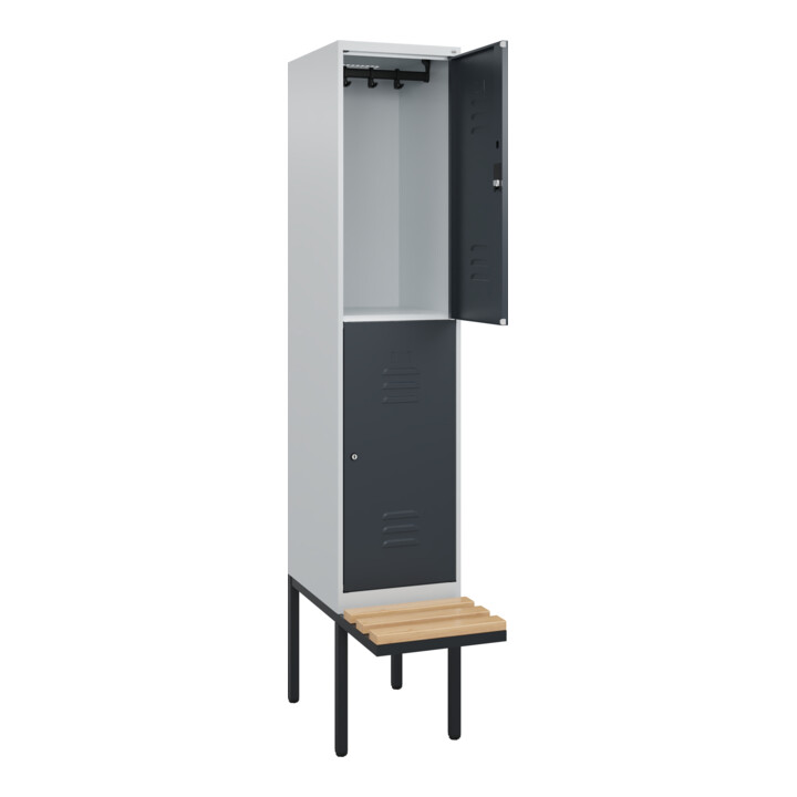 C+P Doppelstock-Spind Classic PLUS, Bank, 1 Abteil, 2120x400x815mm, 7035/7016 Verschluss Zylinderschloss Sitzbanktyp auskragend Material Sitzfläche Buche-Hartholz