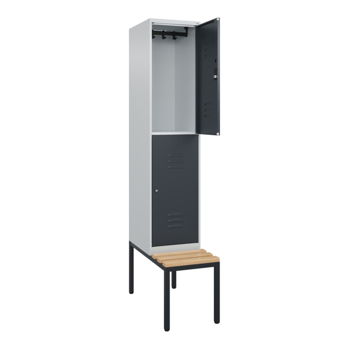 C+P Doppelstock-Spind Classic PLUS, Bank, 1 Abteil, 2120x400x815mm, 7035/7016 Verschluss Zylinderschloss Sitzbanktyp untergebaut Material Sitzfläche Buche-Hartholz