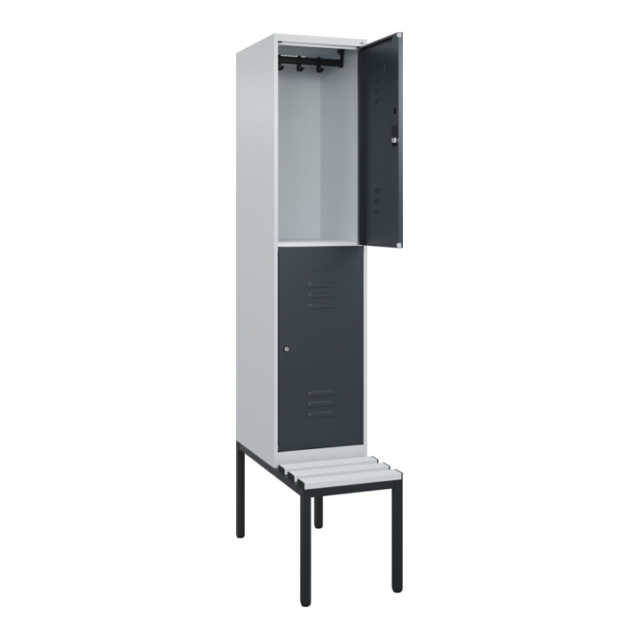 C+P Doppelstock-Spind Classic PLUS, Bank, 1 Abteil, 2120x400x815mm, 7035/7016 Verschluss Zylinderschloss Sitzbanktyp untergebaut Material Sitzfläche Kunststoff