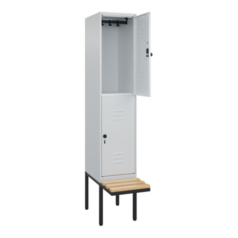 C+P Doppelstock-Spind Classic PLUS, Bank, 1 Abteil, 2120x400x815mm, 7035/7035 Verschluss Sicherheits-Drehriegel Sitzbanktyp auskragend Material Sitzfläche Buche-Hartholz