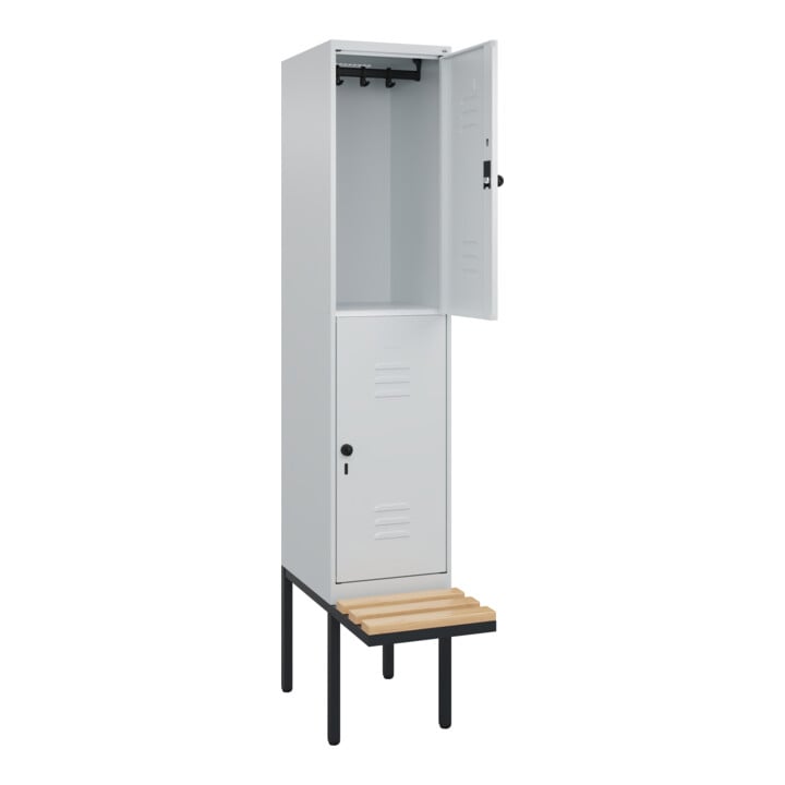 C+P Doppelstock-Spind Classic PLUS, Bank, 1 Abteil, 2120x400x815mm, 7035/7035 Verschluss Sicherheits-Drehriegel Sitzbanktyp auskragend Material Sitzfläche Buche-Hartholz