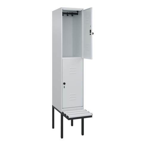 C+P Doppelstock-Spind Classic PLUS, Bank, 1 Abteil, 2120x400x815mm, 7035/7035 Verschluss Sicherheits-Drehriegel Sitzbanktyp auskragend Material Sitzfläche Kunststoff