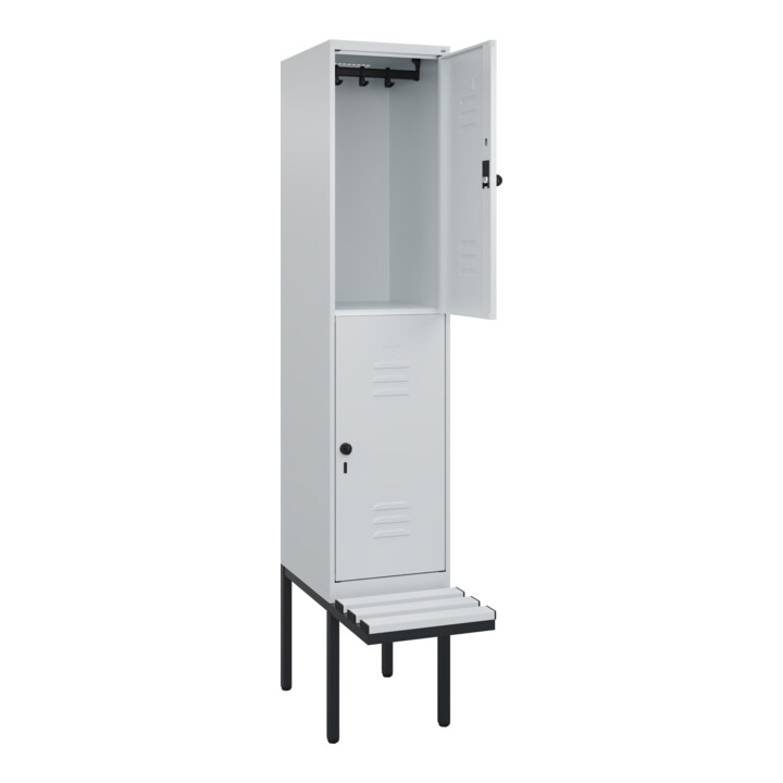 C+P Doppelstock-Spind Classic PLUS, Bank, 1 Abteil, 2120x400x815mm, 7035/7035 Verschluss Sicherheits-Drehriegel Sitzbanktyp auskragend Material Sitzfläche Kunststoff