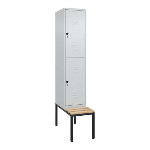 C+P Doppelstock-Spind Classic PLUS, Bank, 1 Abteil, 2120x400x815mm, 7035/7035 Verschluss Sicherheits-Drehriegel Sitzbanktyp untergebaut Material Sitzfläche Buche-Hartholz