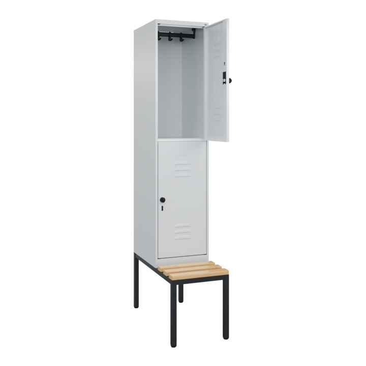 C+P Doppelstock-Spind Classic PLUS, Bank, 1 Abteil, 2120x400x815mm, 7035/7035 Verschluss Sicherheits-Drehriegel Sitzbanktyp untergebaut Material Sitzfläche Buche-Hartholz