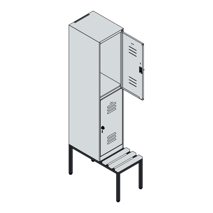 C+P Doppelstock-Spind Classic PLUS, Bank, 1 Abteil, 2120x400x815mm, 7035/7035 Verschluss Sicherheits-Drehriegel Sitzbanktyp untergebaut Material Sitzfläche Buche-Hartholz