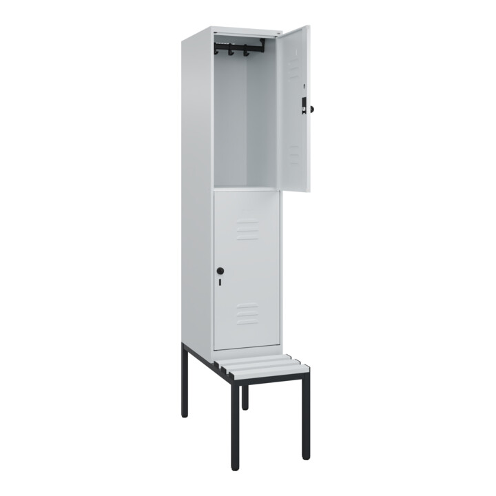 C+P Doppelstock-Spind Classic PLUS, Bank, 1 Abteil, 2120x400x815mm, 7035/7035 Verschluss Sicherheits-Drehriegel Sitzbanktyp untergebaut Material Sitzfläche Kunststoff