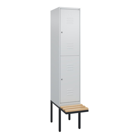 C+P Doppelstock-Spind Classic PLUS, Bank, 1 Abteil, 2120x400x815mm, 7035/7035 Verschluss Zylinderschloss Sitzbanktyp auskragend Material Sitzfläche Buche-Hartholz