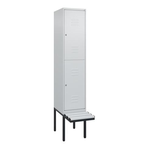 C+P Doppelstock-Spind Classic PLUS, Bank, 1 Abteil, 2120x400x815mm, 7035/7035 Verschluss Zylinderschloss Sitzbanktyp auskragend Material Sitzfläche Kunststoff