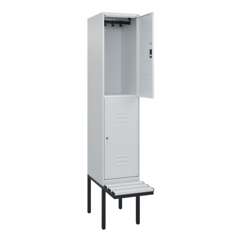 C+P Doppelstock-Spind Classic PLUS, Bank, 1 Abteil, 2120x400x815mm, 7035/7035 Verschluss Zylinderschloss Sitzbanktyp auskragend Material Sitzfläche Kunststoff