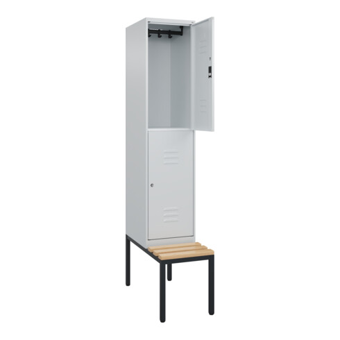 C+P Doppelstock-Spind Classic PLUS, Bank, 1 Abteil, 2120x400x815mm, 7035/7035 Verschluss Zylinderschloss Sitzbanktyp untergebaut Material Sitzfläche Buche-Hartholz
