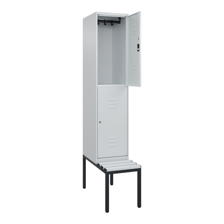 C+P Doppelstock-Spind Classic PLUS, Bank, 1 Abteil, 2120x400x815mm, 7035/7035 Verschluss Zylinderschloss Sitzbanktyp untergebaut Material Sitzfläche Kunststoff
