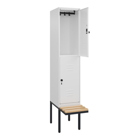 C+P Doppelstock-Spind Classic PLUS, Bank, 1 Abteil, 2120x400x815mm, 9016/9016 Verschluss Sicherheits-Drehriegel Sitzbanktyp auskragend Material Sitzfläche Buche-Hartholz