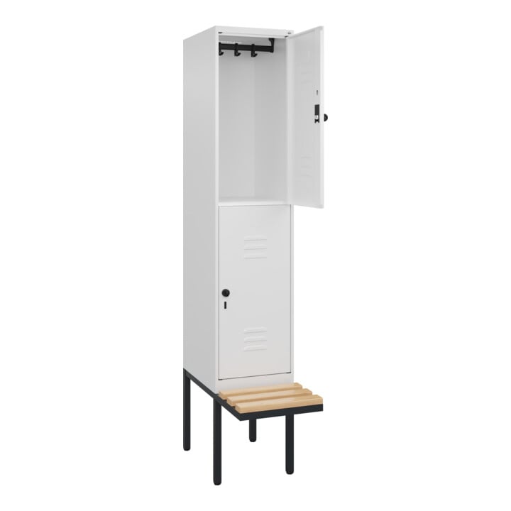C+P Doppelstock-Spind Classic PLUS, Bank, 1 Abteil, 2120x400x815mm, 9016/9016 Verschluss Sicherheits-Drehriegel Sitzbanktyp auskragend Material Sitzfläche Buche-Hartholz