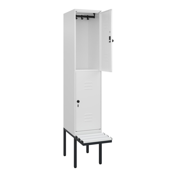 C+P Doppelstock-Spind Classic PLUS, Bank, 1 Abteil, 2120x400x815mm, 9016/9016 Verschluss Sicherheits-Drehriegel Sitzbanktyp auskragend Material Sitzfläche Kunststoff