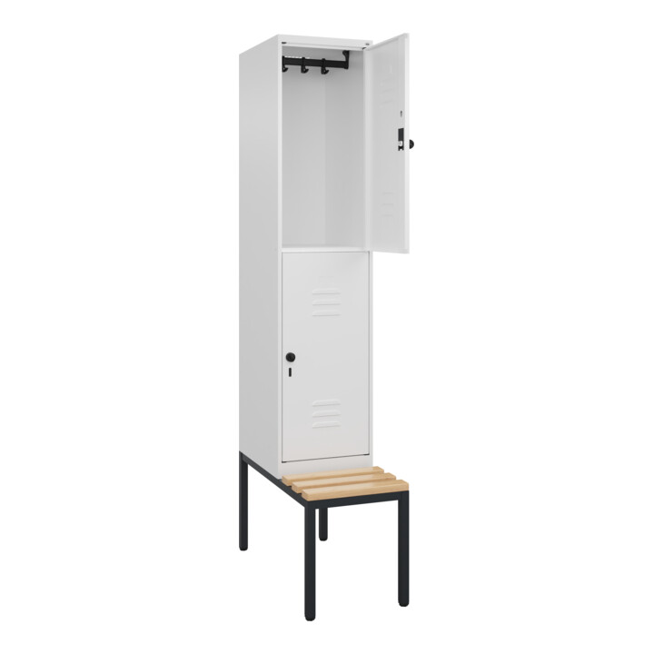 C+P Doppelstock-Spind Classic PLUS, Bank, 1 Abteil, 2120x400x815mm, 9016/9016 Verschluss Sicherheits-Drehriegel Sitzbanktyp untergebaut Material Sitzfläche Buche-Hartholz