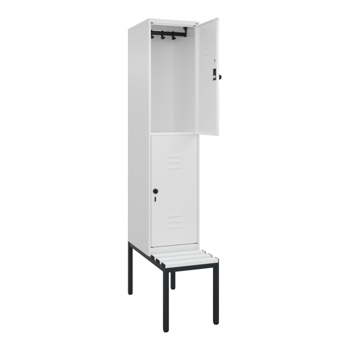 C+P Doppelstock-Spind Classic PLUS, Bank, 1 Abteil, 2120x400x815mm, 9016/9016 Verschluss Sicherheits-Drehriegel Sitzbanktyp untergebaut Material Sitzfläche Kunststoff