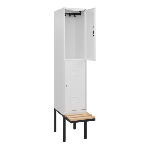 C+P Doppelstock-Spind Classic PLUS, Bank, 1 Abteil, 2120x400x815mm, 9016/9016 Verschluss Zylinderschloss Sitzbanktyp auskragend Material Sitzfläche Buche-Hartholz