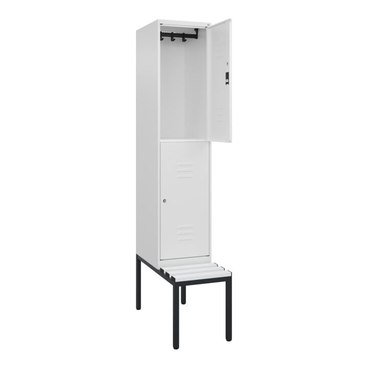 C+P Doppelstock-Spind Classic PLUS, Bank, 1 Abteil, 2120x400x815mm, 9016/9016 Verschluss Zylinderschloss Sitzbanktyp untergebaut Material Sitzfläche Kunststoff