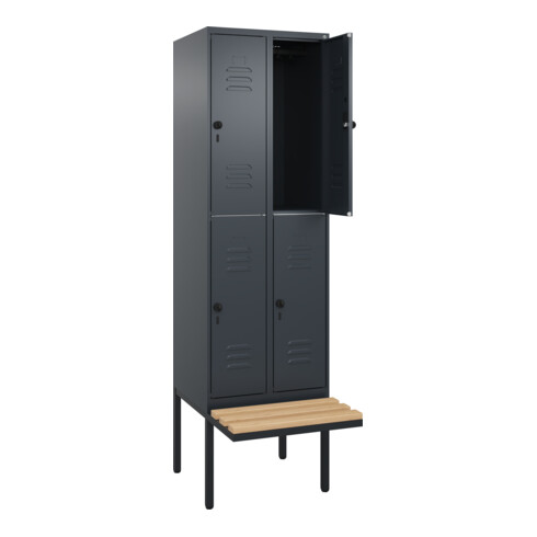 C+P Doppelstock-Spind Classic PLUS, Bank, 2 Abteile, 2120x600x815mm, 7016/7016 Verschluss Sicherheits-Drehriegel Sitzbanktyp auskragend Material Sitzfläche Buche-Hartholz