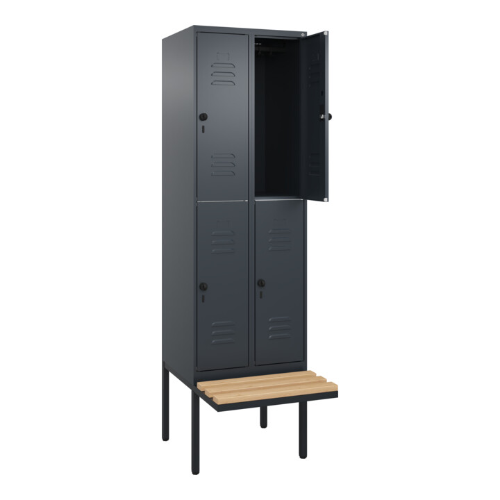 C+P Doppelstock-Spind Classic PLUS, Bank, 2 Abteile, 2120x600x815mm, 7016/7016 Verschluss Sicherheits-Drehriegel Sitzbanktyp auskragend Material Sitzfläche Buche-Hartholz