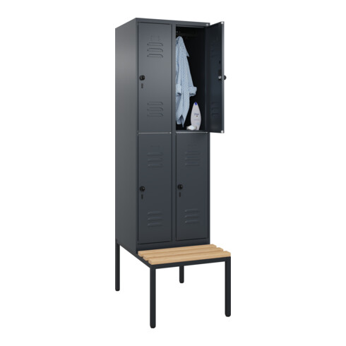 C+P Doppelstock-Spind Classic PLUS, Bank, 2 Abteile, 2120x600x815mm, 7016/7016 Verschluss Sicherheits-Drehriegel Sitzbanktyp untergebaut Material Sitzfläche Buche-Hartholz