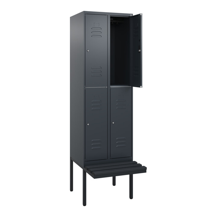 C+P Doppelstock-Spind Classic PLUS, Bank, 2 Abteile, 2120x600x815mm, 7016/7016 Verschluss Zylinderschloss Sitzbanktyp auskragend Material Sitzfläche Kunststoff