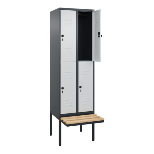 C+P Doppelstock-Spind Classic PLUS, Bank, 2 Abteile, 2120x600x815mm, 7016/7035 Verschluss Sicherheits-Drehriegel Sitzbanktyp auskragend Material Sitzfläche Buche-Hartholz