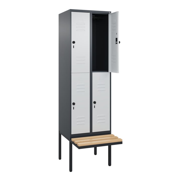 C+P Doppelstock-Spind Classic PLUS, Bank, 2 Abteile, 2120x600x815mm, 7016/7035 Verschluss Sicherheits-Drehriegel Sitzbanktyp auskragend Material Sitzfläche Buche-Hartholz