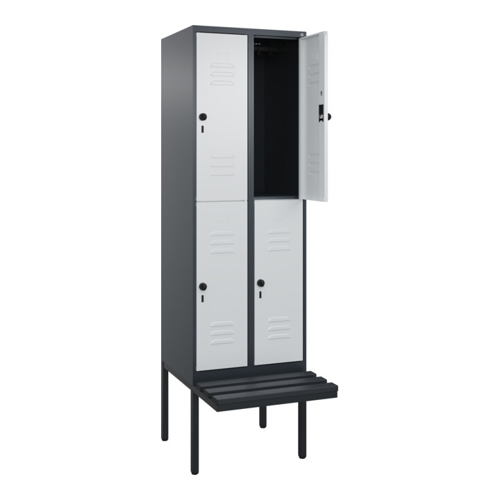 C+P Doppelstock-Spind Classic PLUS, Bank, 2 Abteile, 2120x600x815mm, 7016/7035 Verschluss Sicherheits-Drehriegel Sitzbanktyp auskragend Material Sitzfläche Kunststoff