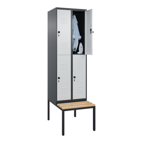 C+P Doppelstock-Spind Classic PLUS, Bank, 2 Abteile, 2120x600x815mm, 7016/7035 Verschluss Sicherheits-Drehriegel Sitzbanktyp untergebaut Material Sitzfläche Buche-Hartholz