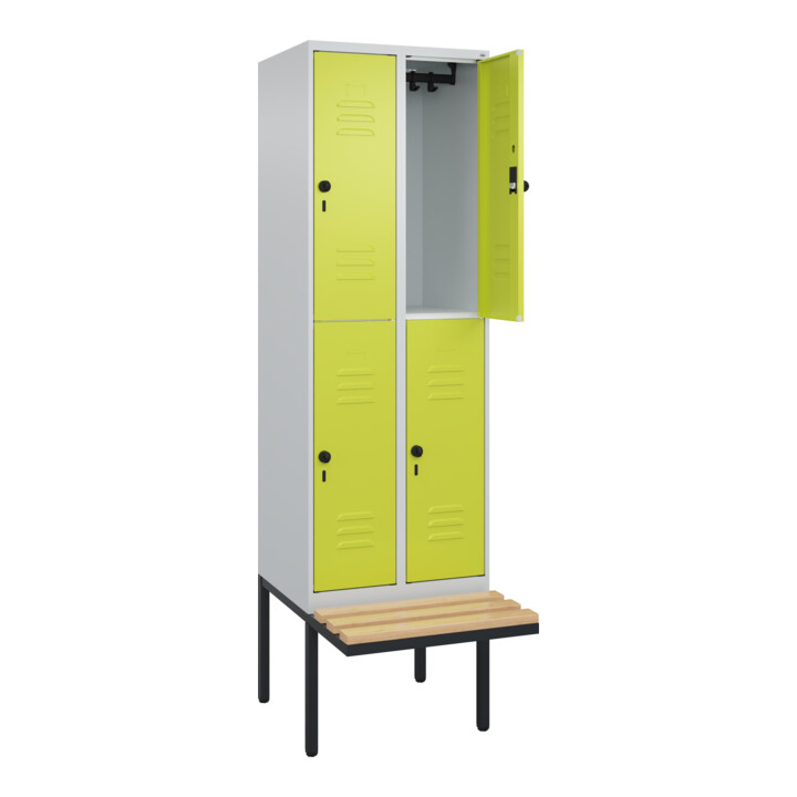 C+P Doppelstock-Spind Classic PLUS, Bank, 2 Abteile, 2120x600x815mm, 7035/0024 Verschluss Sicherheits-Drehriegel Sitzbanktyp auskragend Material Sitzfläche Buche-Hartholz