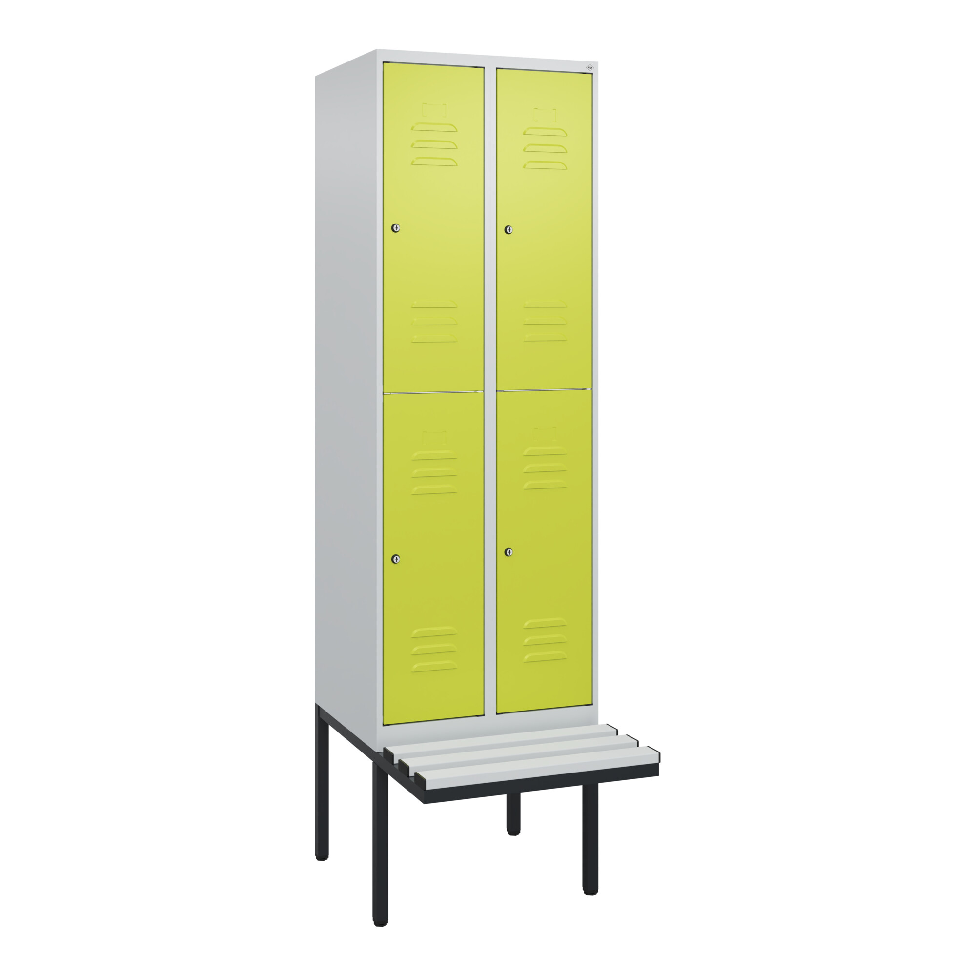 C+P Doppelstock-Spind Classic PLUS, Bank, 2 Abteile, 2120x600x815mm, 7035/0024 Verschluss Zylinderschloss Sitzbanktyp auskragend Material Sitzfläche K
